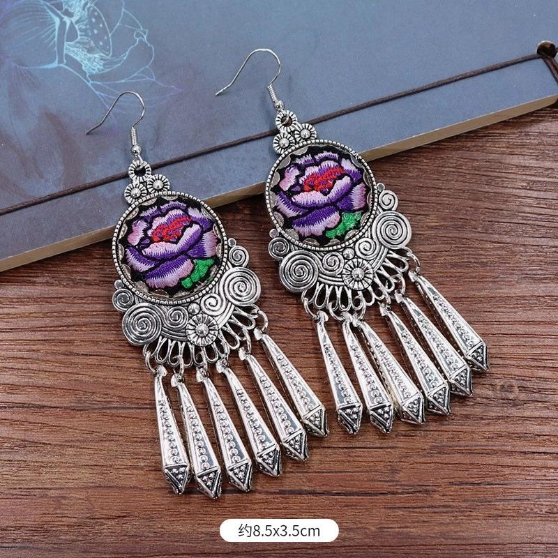 Vintage embroidery earrings hairpin classical temperament Miao peacock flower fringed earrings hair accessories set women