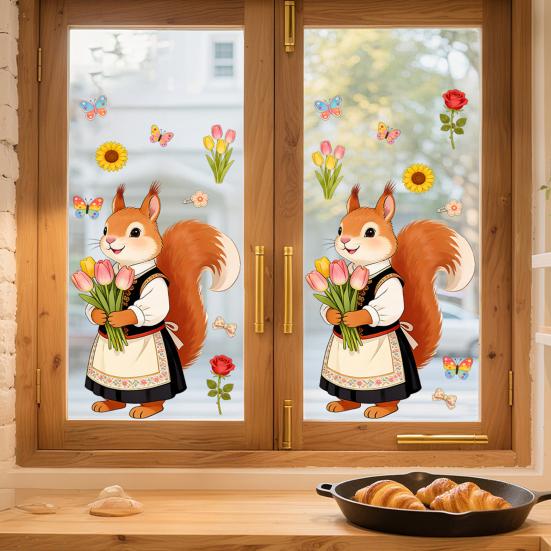Pegatinas de Ventana Zorro de Primavera Zorro de Dibujos Animados Flores Mariposas Pegatina de Cristal Extraíble Animales Lindos Pegatinas de Ventana para Decoración de Hogar Oficina Tienda