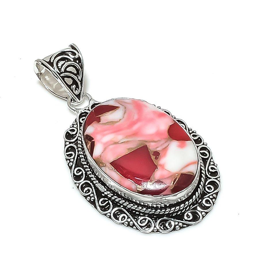 Natural Pink Dahlia Turquoise Gemstone 925 Sterling Silver Pendant 2.17 ETC-14052
