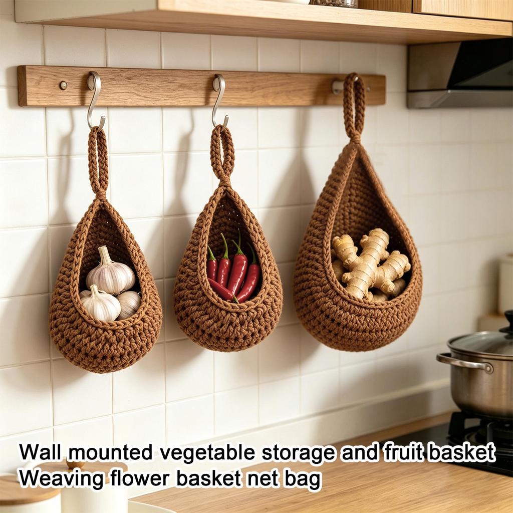 Hanging Vegetable Storage Basket Set 3 Pieces Woven Cotton Rope Wall Mounted Fruit Basket Organizer Net Pouch for Kitchen and Home