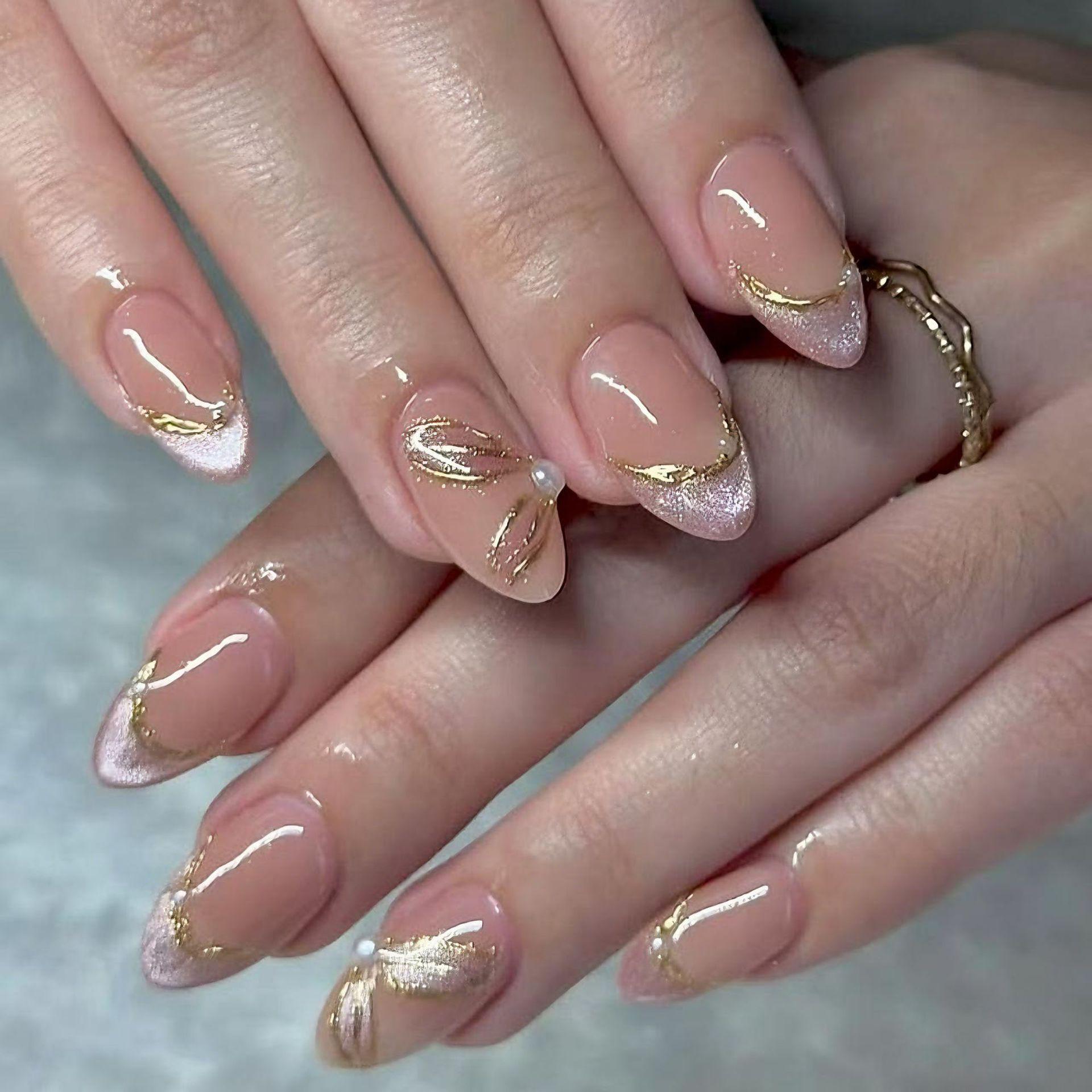 Exquisite 30-Piece Almond Cat Eye Gold Foil Pink Bow Nail Art Tips Finished Strips (3 Sets with Full Rhinestones)