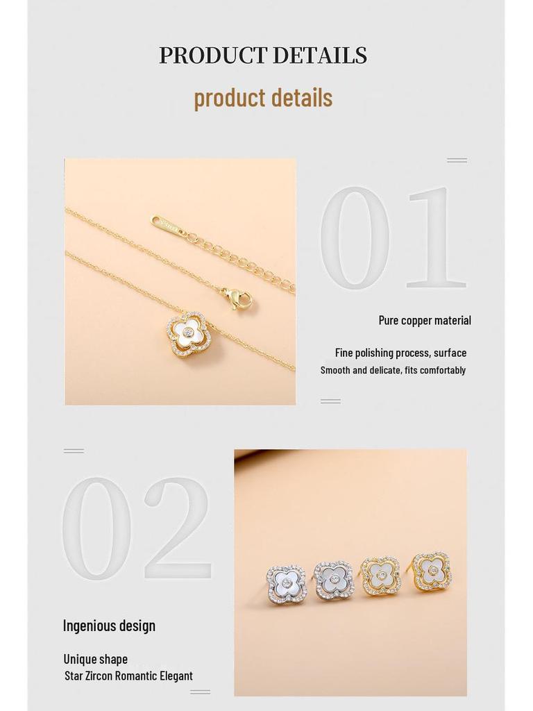 Elegantes Set aus Ohrsteckern und Halskette aus Kupferlegierung mit vierblättrigem Kleeblatt - Schlichtes, luxuriöses Damen-Schlüsselbeinketten-Design