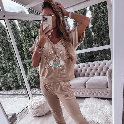 Ensemble d'été pour femmes 2024 Œil maléfique Paillettes Manches courtes Pantalon long