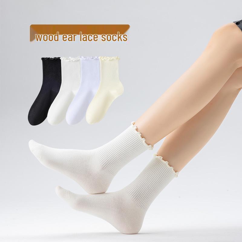 Women's Mid-Calf Lace Socks: Black Edge, Solid Color, Versatile Japanese Style, Four Seasons, Perfect for Mary Jane Loafers