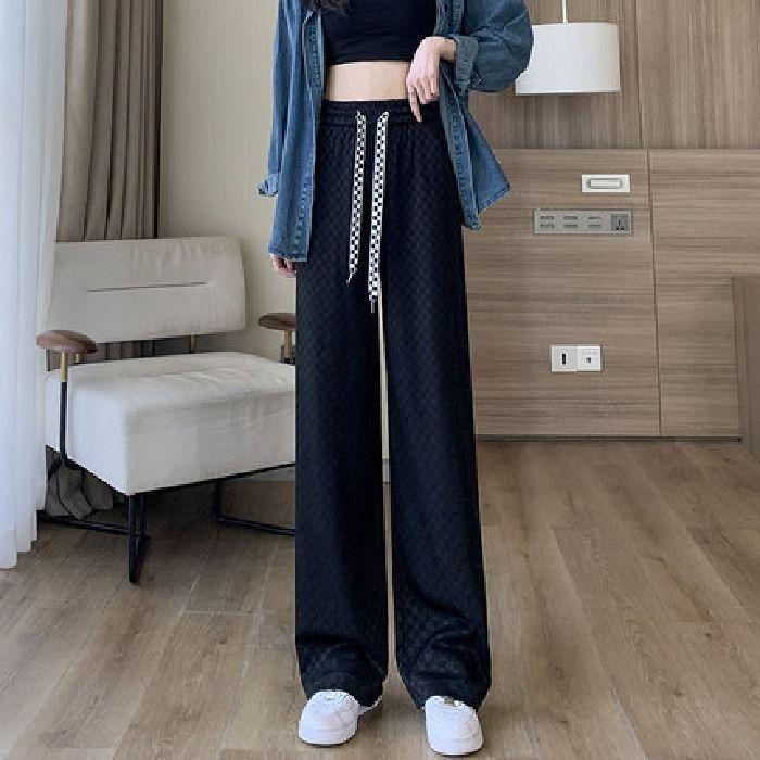 Latest Summer Thin Ice Silk Wide-leg Pants for Women High Waisted Leisure Pants Comfortable Fit and Versatile Floor Straight Pants M