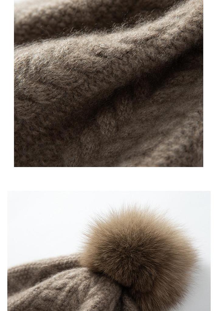 Women's 100% Pure Cashmere Cable Knit Hat with Pom-Pom, Ear Protection, Retro Style, Autumn/Winter