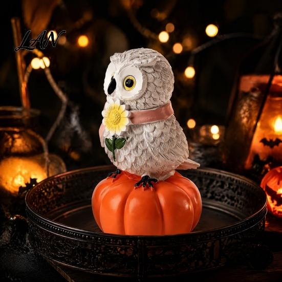 Indoor Seasonal Shelf Displays Fall Pumpkin Owl Figurine, Resin on Statue with Creative Scarf Sunflower for Autumn Thanksgiving Tabletop, Mantel,