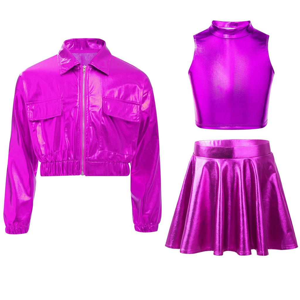 Metallic Shiny Jacket Set for Girls: Turn-Down Collar Long Sleeve Coat with Turtleneck Tank & High Waist A-Line Skirt