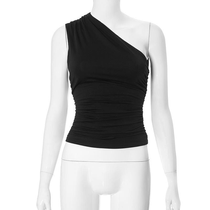 Women's Winter One-Shoulder Backless Ruched Tank Top T-Shirt: Solid Color, European & American Style