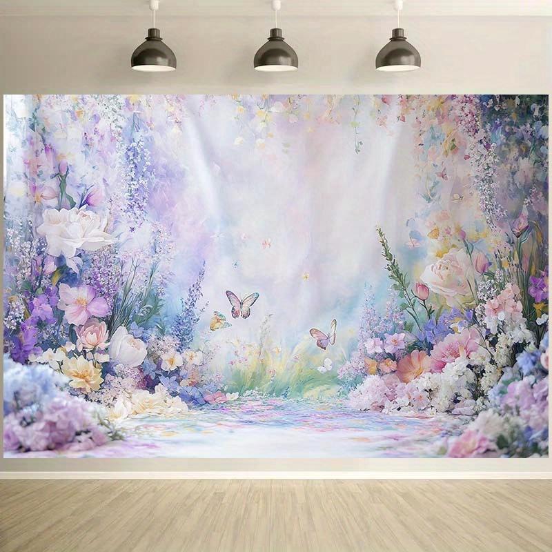 2D flat banner 1PC, 1 magical garden scene background with flowers and butterflies