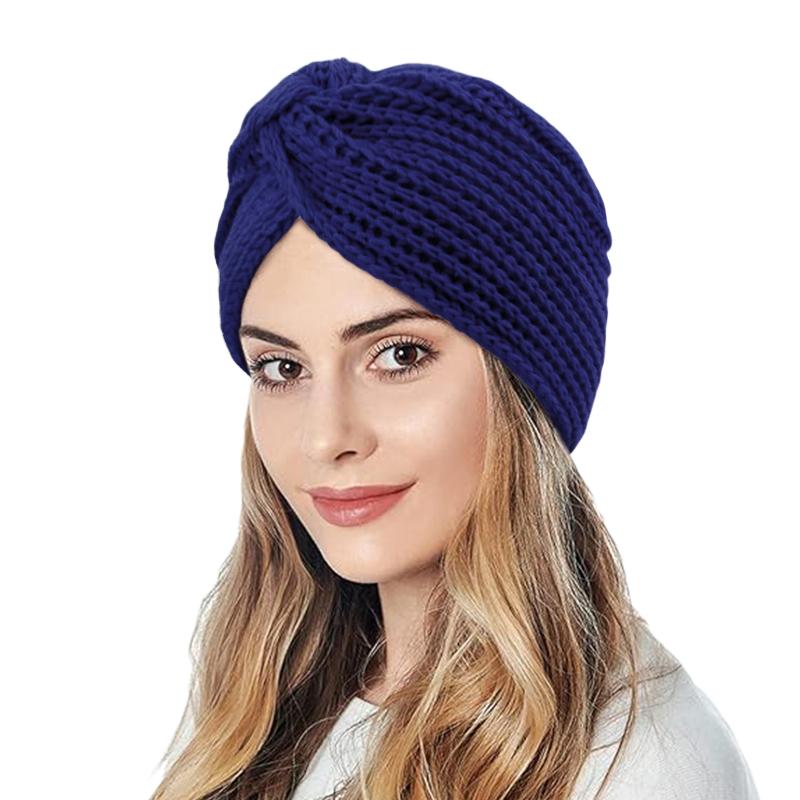 Women's Solid Color Winter Knitted Turban Hat Imitation Cashmere Cross Twisted Hat for Women Bohemian Style Hijab Caps