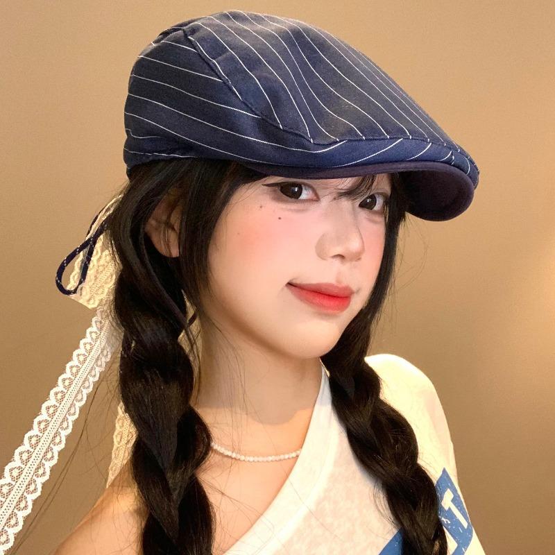 

25 Новая милая и крутая кружевная шляпа-стример в полоску в стиле ретро, женская литературная и универсальная кепка газетчика, берет большого обхвата головы Average size (58-60cm) темно-синий