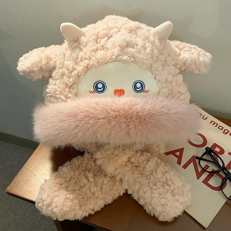 Cute Little Sheep Plush Hat Women's Autumn and Winter New Hat Scarf Integrated Thickened Cold Protection