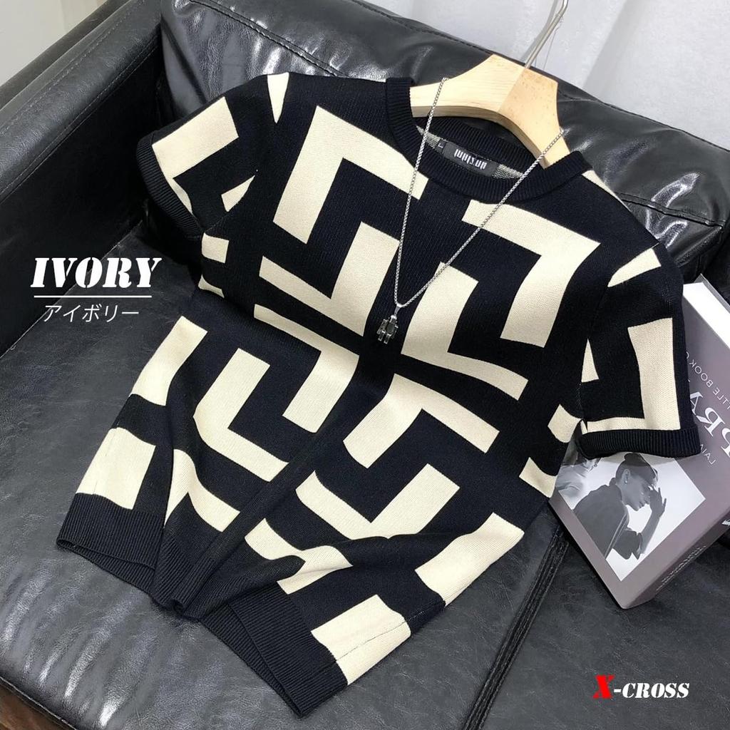 Short Sleeve Knit Summer Slim Geometric Thick Knit Korean Street Cool and Crew Plus Sizes Adults In Their 30s and Tight Slim Stretch Stylish X-cross