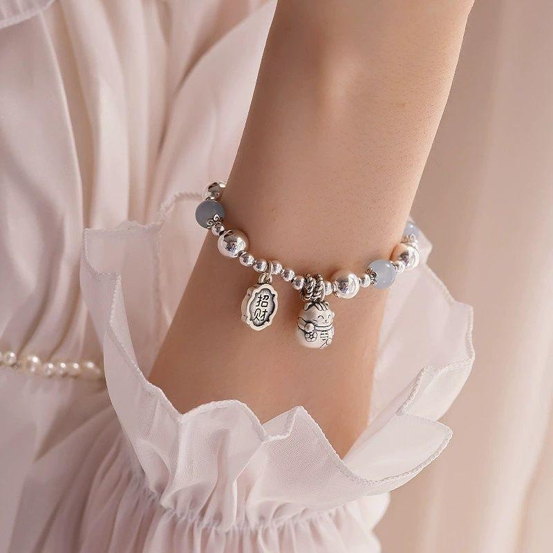 Aquamarine beaded fashion lucky cat bracelet bracelet design light luxury niche versatile exquisite high-end jewelry