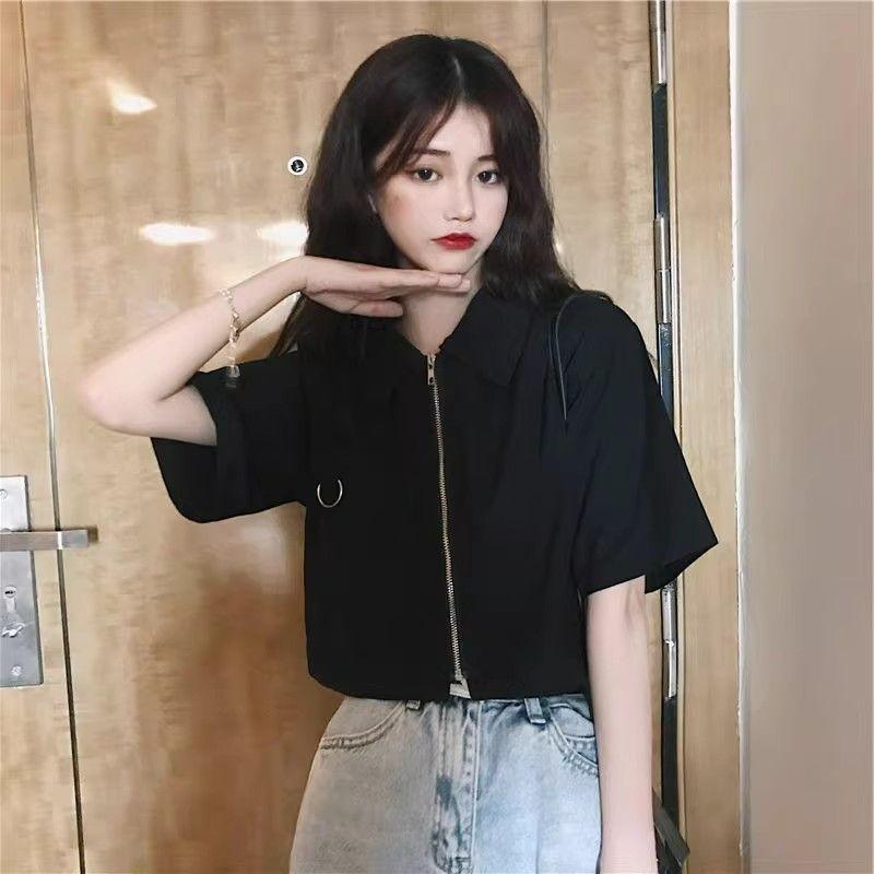 Spring and Summer New Simple Style Polo Shirt Zipper Short-sleeved Shirt Women's Design Short Cardigan Top