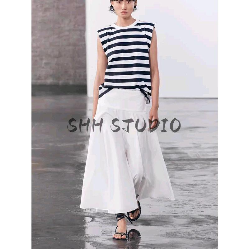 Spring and Summer New Women's Clothing Minimalist round Neck Cotton with Padded Shoulder Washing Effect Sleeveless T-shirt Top 0858203