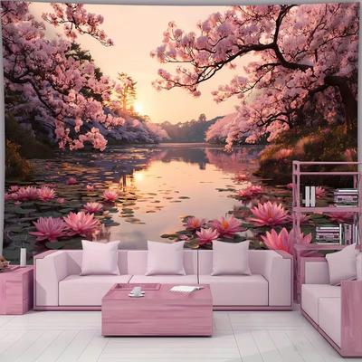 2D Pink Cherry Blossom Lake Tapestry Lotus Flower Print Wall Art Tapestry Japanese Nature Style Home Decoration