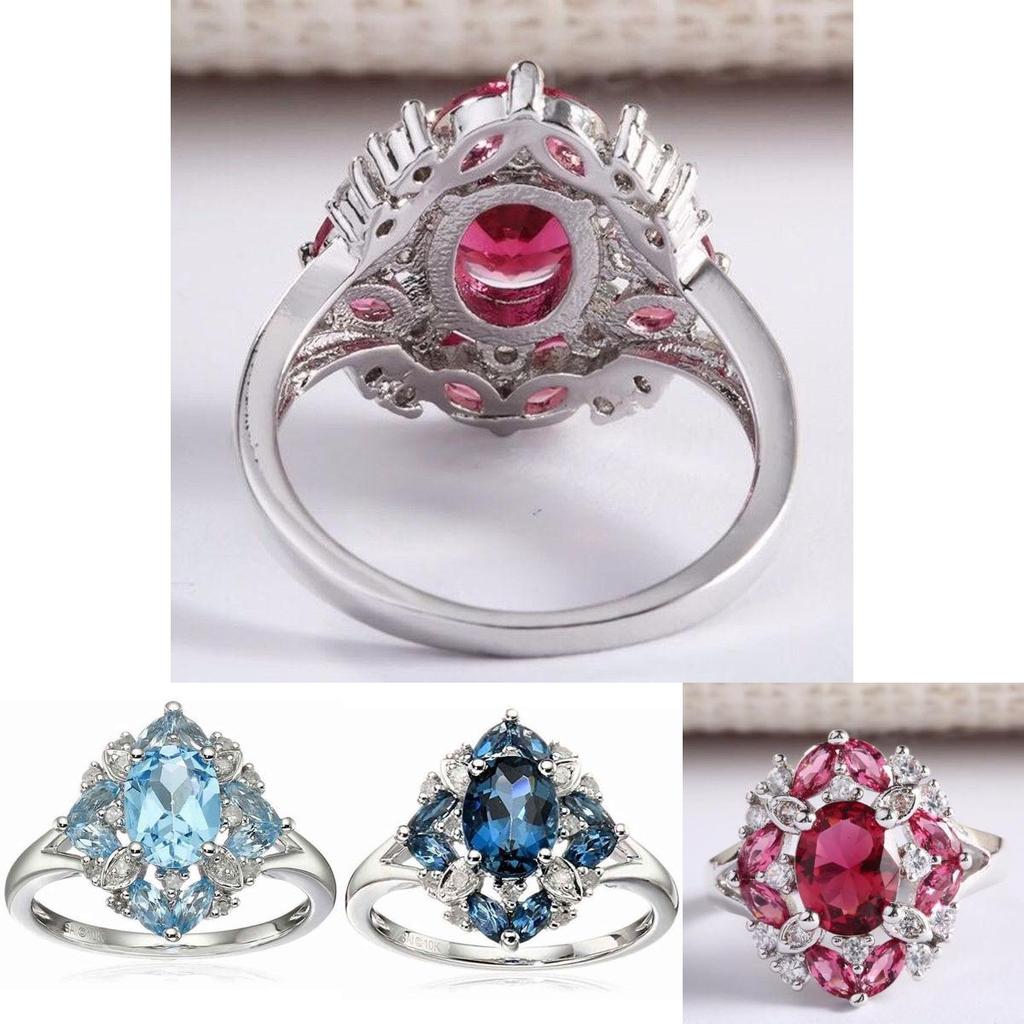 Magnificent Silver Plated Rings With Oval Cut Natural Blue Sapphire And Rhinestones