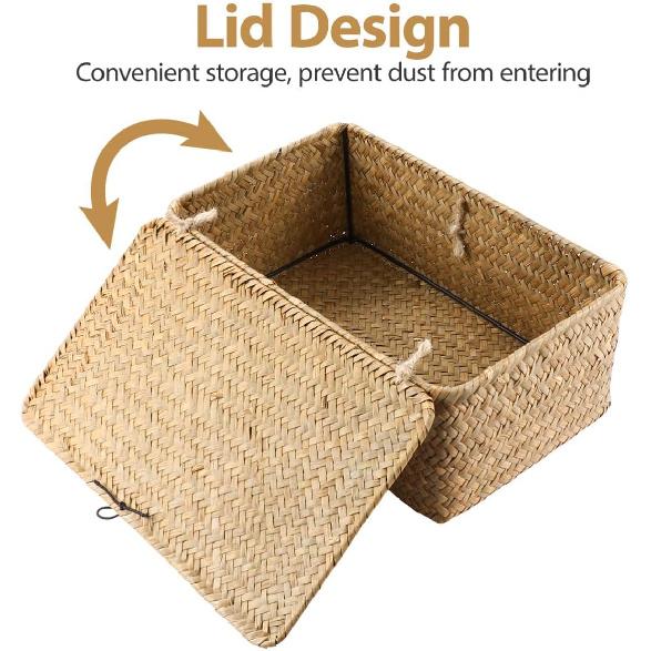 IMIKEYA Woven Storage Box Wicker Storage Bins with Lid Seagrass Basket Desktop Hand- Woven Box for Home Office Shelf Organizer