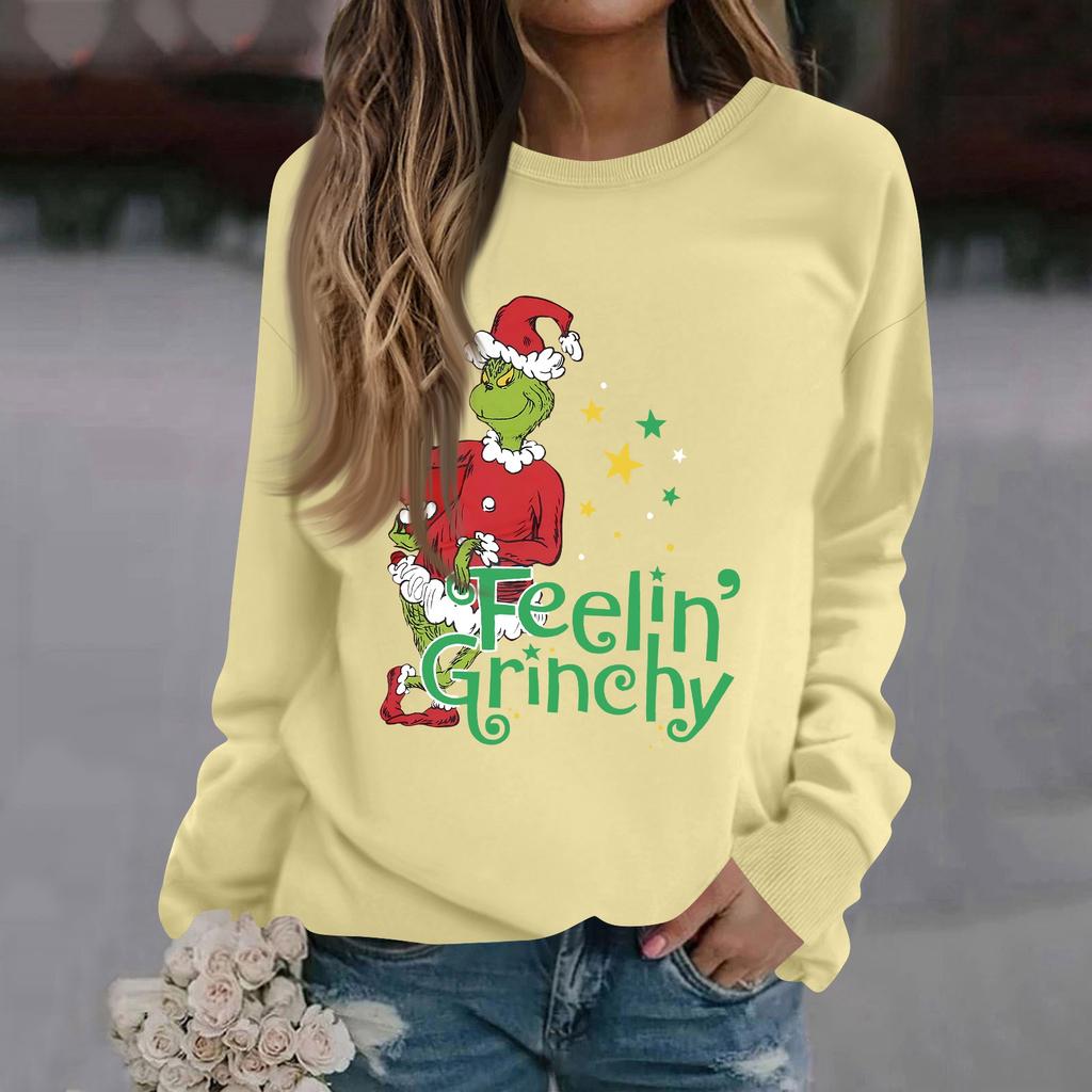 Women's Fashion Casual Long Sleeve Solid Color Christmas Printed Round Neck Top Sweatshirt