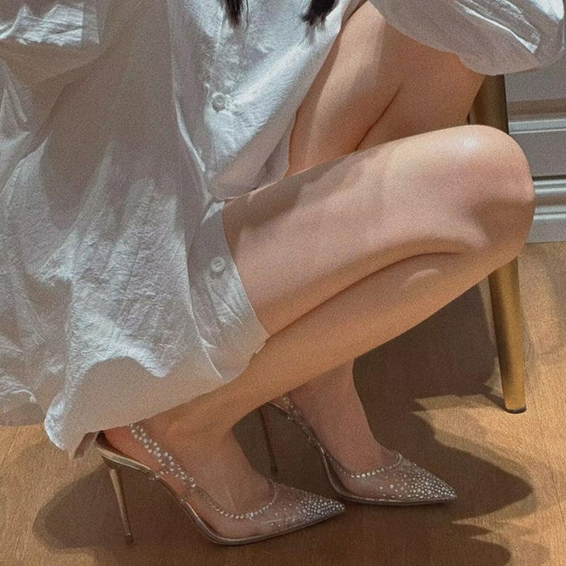 Mode Sexiga Peep Toe Kristall En-ords Spänne Ankelrem Sandaler Kvinna Stilett Höga Klackar Bankett Party Pumps Skor