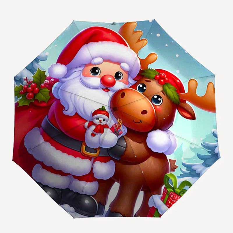 1pc Christmas Santa Claus Reindeer Automatic Opening Folding Umbrella with Holly Berries Design, Portable 3-Fold Outdoor for Fans, Travelers, Daily Us