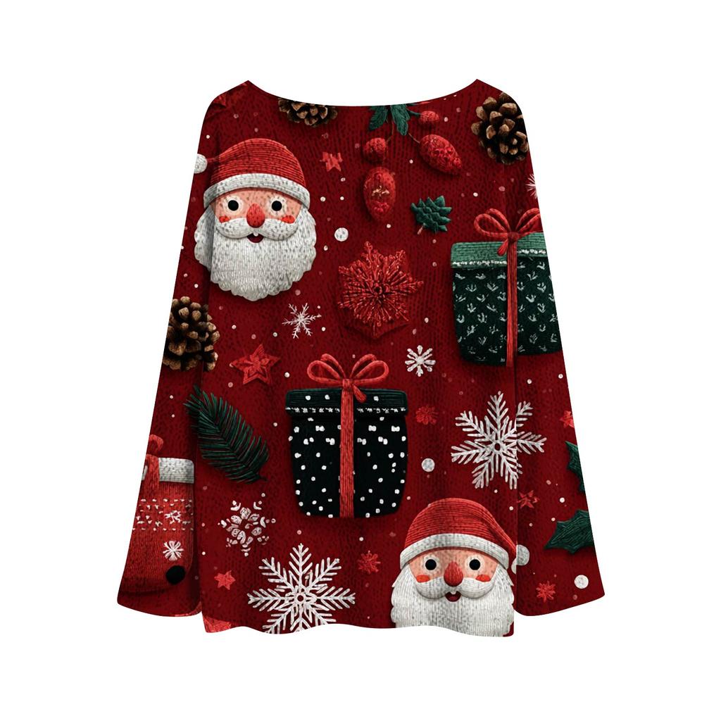 Women's Fashion Christmas Print Lightweight Sweater Casual Long-Sleeve Knit Pullover Top