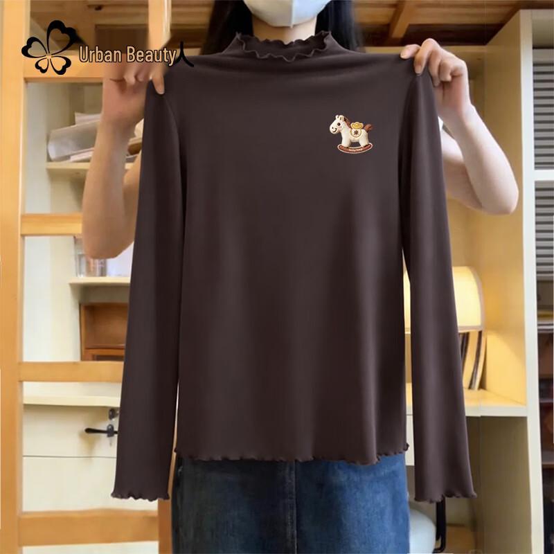 Women s Fleece-Lined Ruffle Collar Slim Fit Base Layer Top with Horse Emblem L