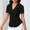 Women Tops V-Neck Short Sleeve Hollow Lace Splicing Design Shirt Tops Pure Color Slim