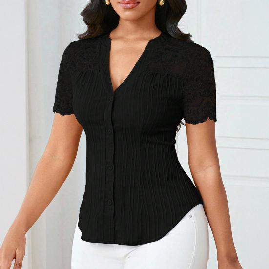 Women Tops V-Neck Short Sleeve Hollow Lace Splicing Design Shirt Tops Pure Color Slim
