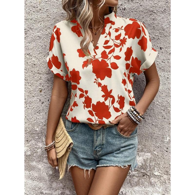 Fashion Floral Women's Shirt V-neck Bat Sleeve Shirt Casual Loose Fitting Shirt