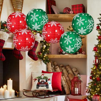 Snowflake Paper Lantern Red Green Christmas Hanging Round Lantern Decoration for Indoor Outdoor Decor Holiday Party Supplies