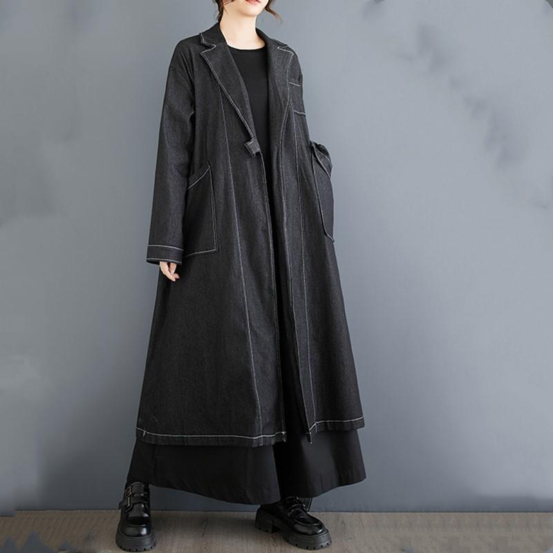 

Женский демисезонный джинсовый тренч оверсайз с длинными рукавами, винтажный, повседневный, свободного кроя, с открытой строчкой чёрный