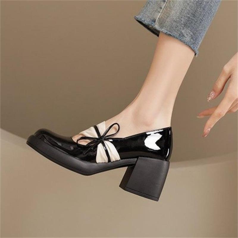 Women's Fashionable Versatile High Heels Spring Autumn Elegant Simple Women's Shoes Bow Thick Heels Shallow Mouth Shoes