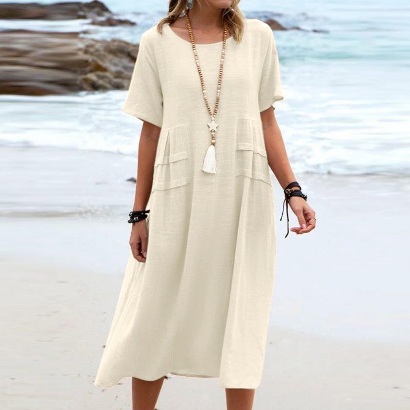 

QICED Fashion Summer Spring Solid Color Print Short Sleeve O-Neck Casual Dresses S