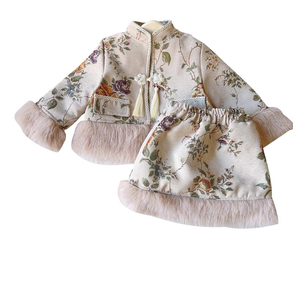 Girls' Winter Fleece-Lined Chinese Two-Piece Skirt & Coat Set AWA697