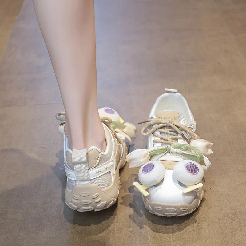 Fashion Casual Sneakers Spring Autumn Women Synthetic Leather Patchwork Mixed Colors Lace-Up Round Toe Love Kawaii Ladies Waffle Shoes