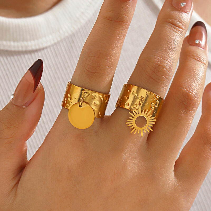Stainless Steel Geometric Circular Wide Rings for Women Men Classic Sun Round Pendant Chunky Opening Rings Jewelry Accessories