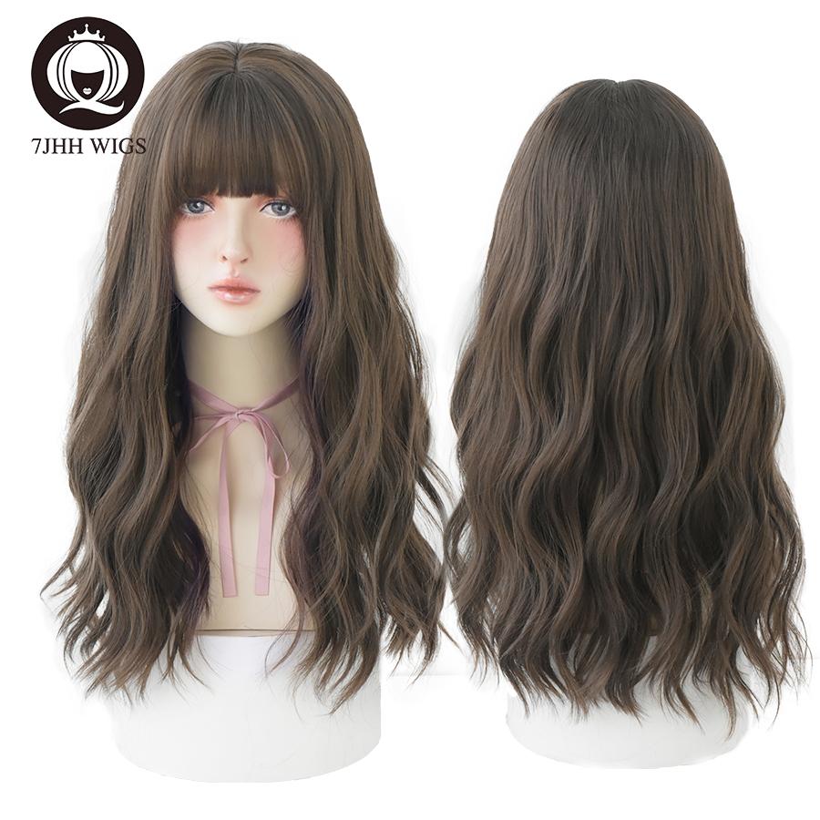 7jhh Wigs Blue Deep Wave Wig With Bangs For Women Long Omber Brown Hair Layered Heat Resistant Cosplay Party Synthetic Wig