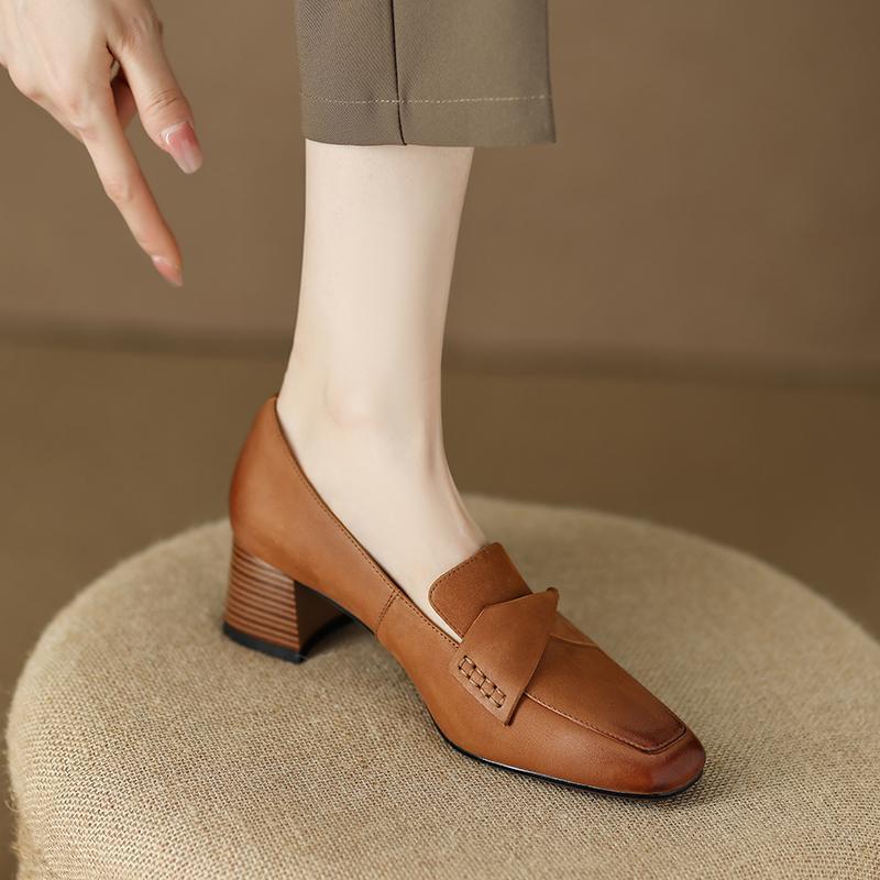 French small square head medium thick heel single shoes women's spring and autumn 2025 British style loafers retro polished small leather shoes