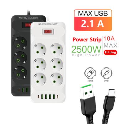Régua de energia de plugue da UE 2m Cabo de extensão 6 tomadas com 4 portas USB 2 Tipo-C Carregamento rápido Multiprise Filtro de rede Tomada elétrica