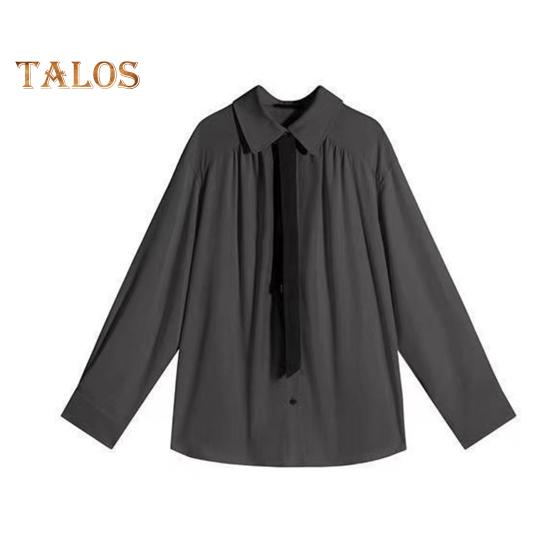 

Женская рубашка однотонная с длинным рукавом и лацканами, повседневная рубашка свободного кроя для офиса и вечеринок, повседневная одежда S темно-серого