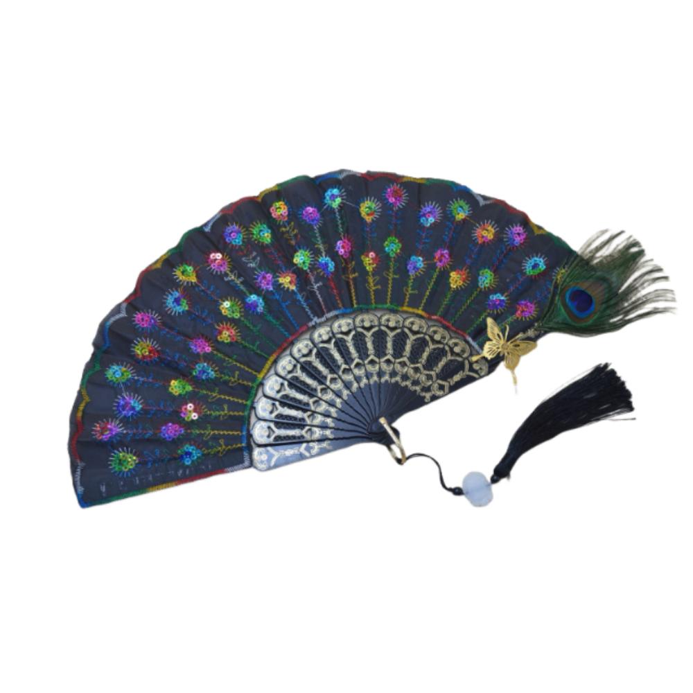 Portable Peacock Feather Folding Fan Exquisite Dance Hand Fans  Wedding Party Decor