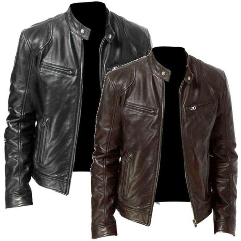 Classic Men's Faux Leather Jacket With Stand Collar For A Sleek Motorcycle Biker Look