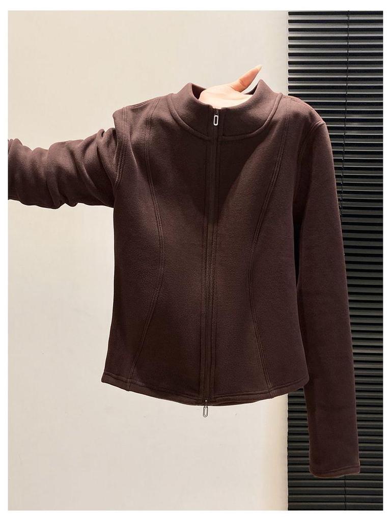 Women's Plus Size German Velvet Double Zipper Stand Collar Long Sleeve Slimming Jacket for Autumn/Winter