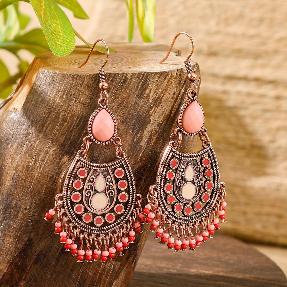 Classic Vintage Bohemian Colorful Drop Earrings for Women Unique Rice Bead Tassel Hollow Dangle Earring Vacation Jewelry Gift