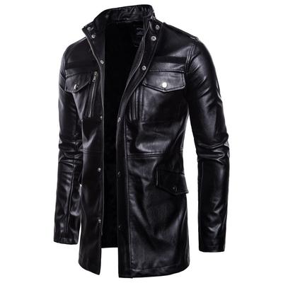 Herbst und Winter Neue Herren Lange Lederjacke Wind Stehkragen Lederjacke PU Jacke