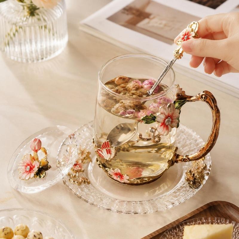 Clear Glass Tea Cup Set with Lid Spoon and Tray, Butterfly Cup Service for Breakfast Beverage and Household Use