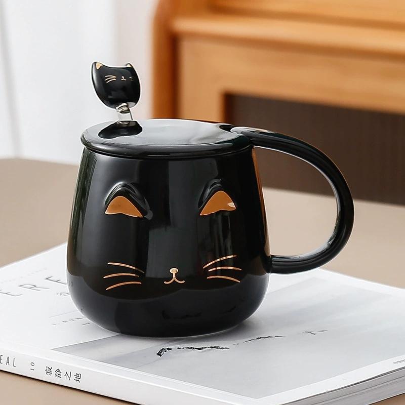 High-Value Creative Cat Mug Ceramic Cup With Lid Spoon Coffee Cup Three-Dimensional Relief Cat Ears Black Pink White Ceramic Cup